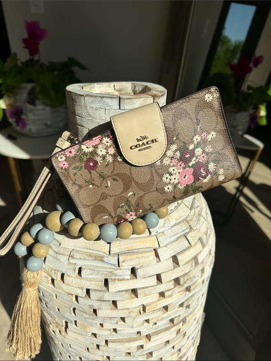 Coach Handbags - Coach Brown Floral Signature Canvas Wristlet Wallet with Cream Trim
